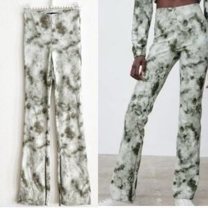 Zara Women's Leggings XS Tall Green Tie Dye High Waisted Kick Flare Bohemian